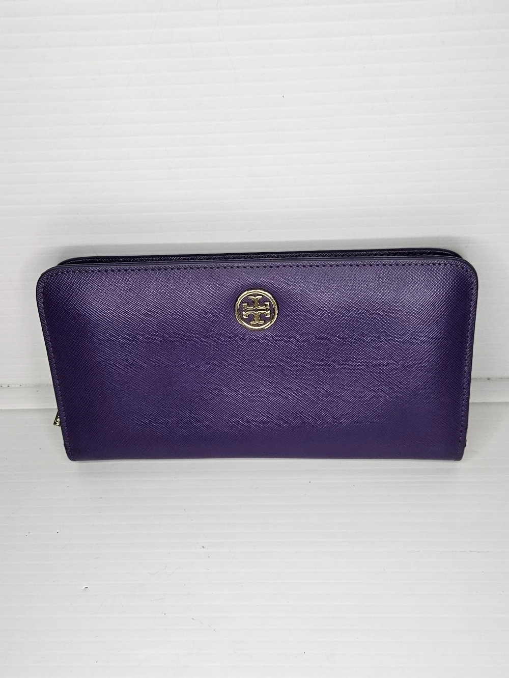 Tory Burch Robinson Zip Around Continental Wallet Large Purple Saffiano Leather